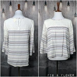 Anthropologie Fig & Flower Lace Striped Boho Top, size Medium